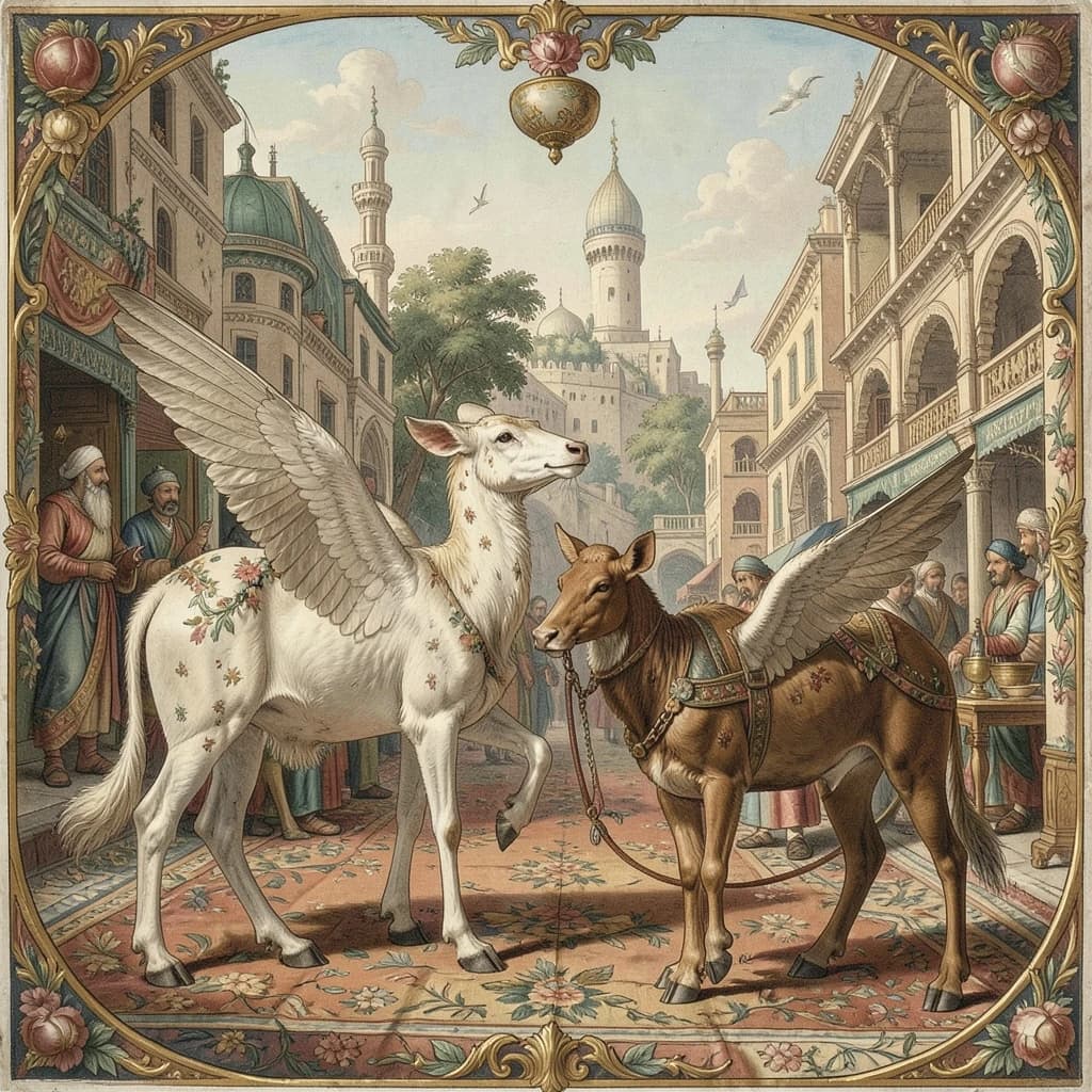Aerie and Artiodactyl in Baghdad, Iraq in the style of rococo