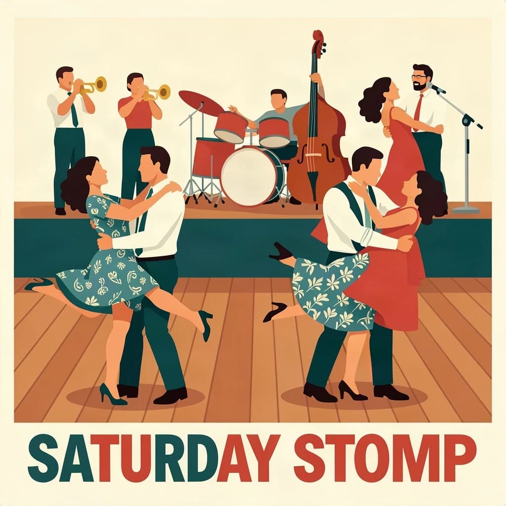 Flat design poster for a swing dance night. Four couples on a wooden floor, each caught in a different move: the front couple in a lift with the follower's feet off the ground, behind them a couple in a side by side kick, a third couple joined by one hand mid spin, and a fourth couple frozen in a dip near the back wall. All followers wear patterned dresses, all leaders wear braces and rolled sleeves. On a low stage behind them, a five piece band: two trumpets, a double bass, a drummer and a singer at a chrome microphone. Bold flat shapes, cream, teal and tomato red. "Saturday Stomp" in chunky letters along the bottom.