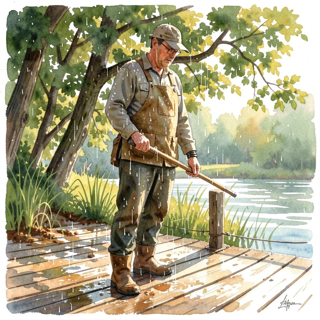 A gardener covered in morning dew on a wooden pier, in dappled afternoon light, low-angle view, watercolor style.