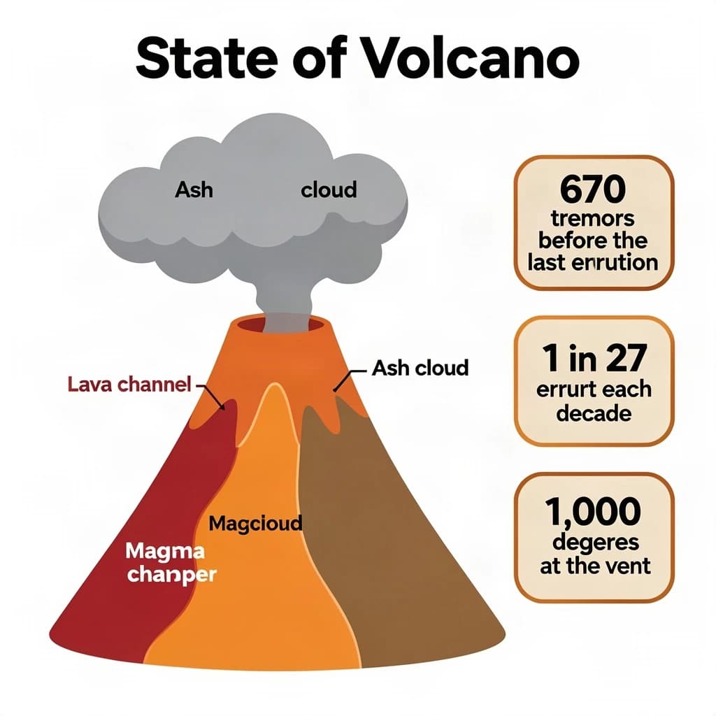 Flat vector illustration titled "State of Volcano": at the center a cutaway cone, carrying three keyed regions, "Lava channel" shaded red, "Ash cloud" shaded gray and "Magma chamber" shaded orange, beside a right column of three stat chips reading "670 tremors before the last eruption", "1 in 27 erupt each decade" and "1,000 degrees at the vent".
