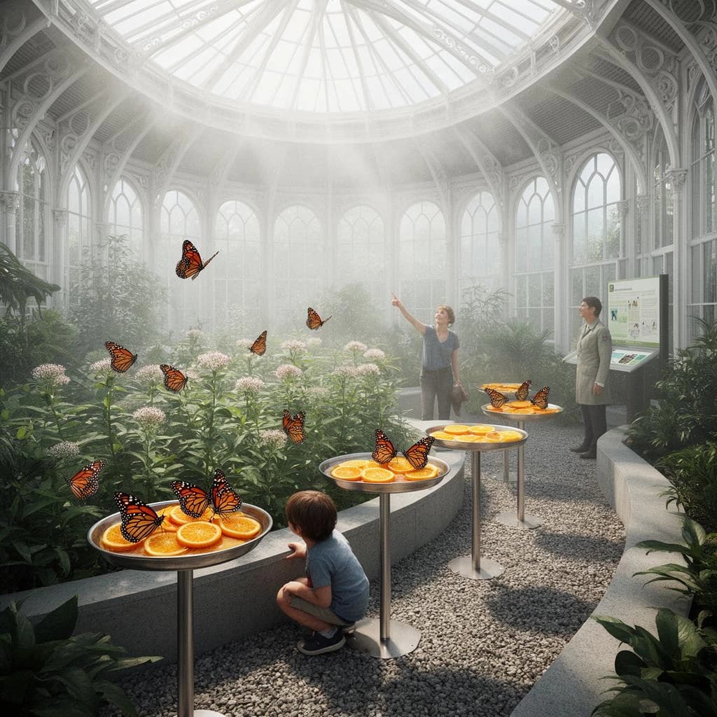 Interior render of a glasshouse butterfly conservatory, white cast iron arches and misted glass, humid morning light.
A raised planting bed spirals through the centre with a gravel path running around it. Five feeding stations on slim posts stand along the path, each holding a shallow dish of orange slices: monarch butterflies cluster on three of the dishes while two are untouched. Seven more monarchs rest on the milkweed in the bed and two are in flight above the path. Three visitors in the room, a child crouching at the nearest feeding station, an adult behind her pointing upward, and a guide standing at the far end beside an information board. Fine mist drifting near the roof vents. Physically based render.