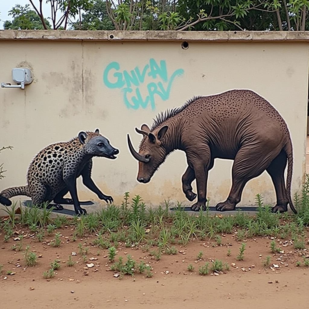 Civet and Aardvark in Yamoussoukro, Côte d'Ivoire in the style of graffiti