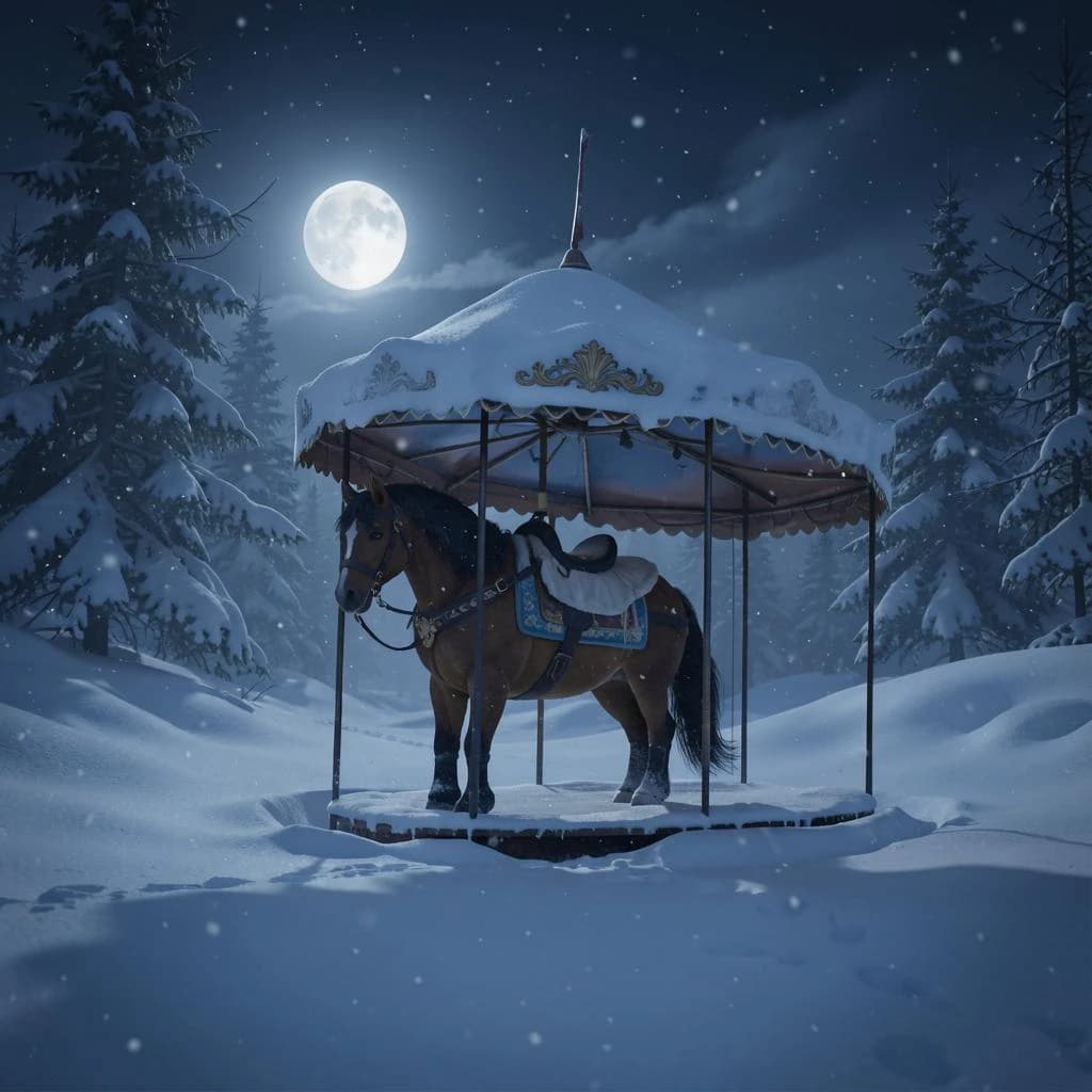 single carousel horse in deep snow, moonlight