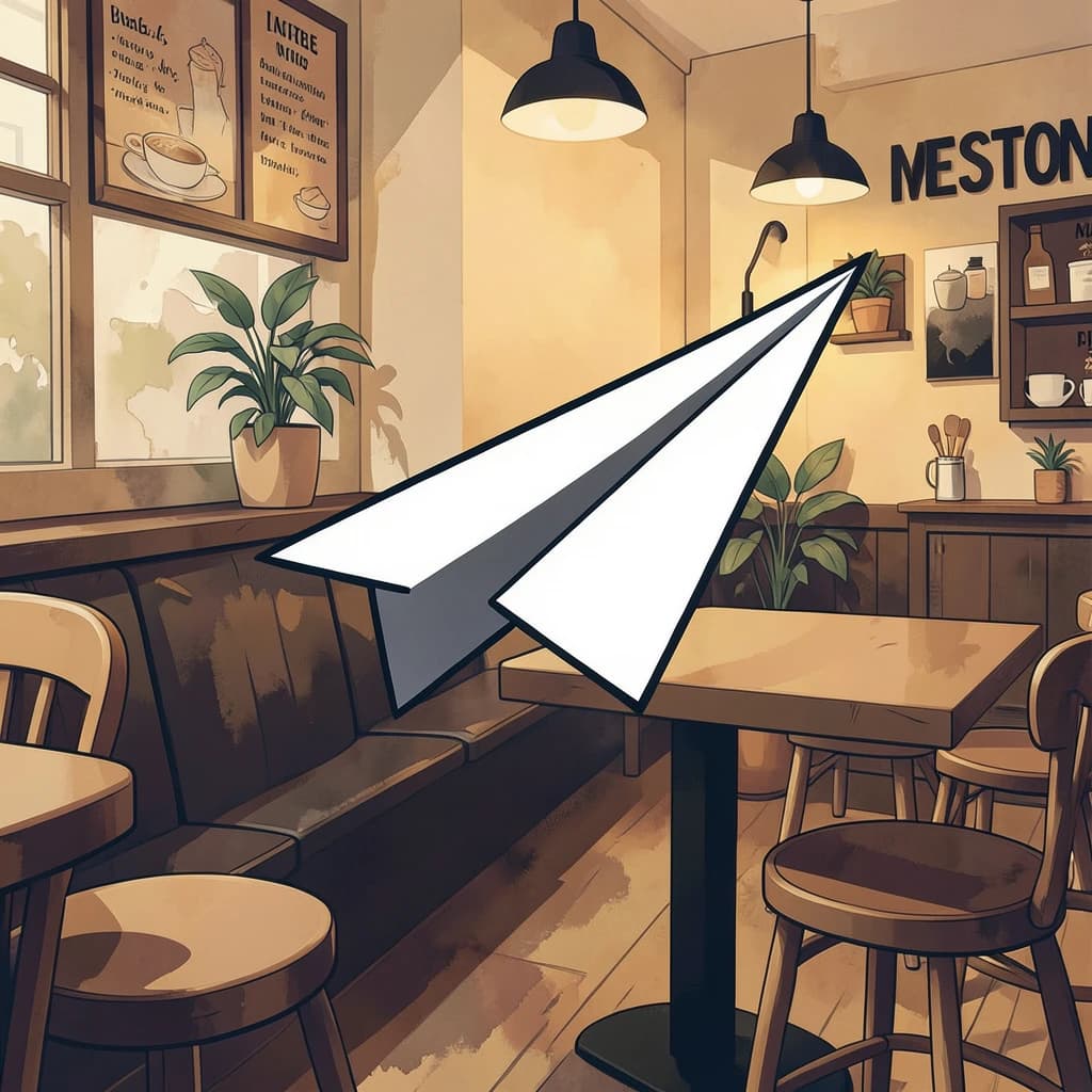 Silkscreen print of a paper airplane inside a cozy cafe, layered wash, smooth vector finish, split-complementary palette.