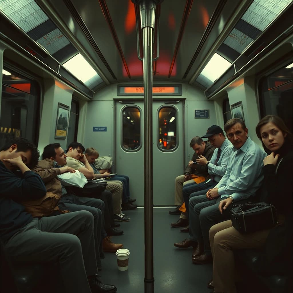 Cinematic photograph inside a late night subway car, handheld, lit only by flickering ceiling strips and orange platform light sliding past the windows. Nine passengers down the car: the three on the left bench all sleep with heads tipped at different angles, the four on the right bench are awake, one folding a paper bag, one holding a bike wheel upright between his knees, one wrapping her own wrist in tape, one staring straight into the lens. Two more stand at the far doors gripping the same pole with a violin case wedged between them. An empty seat beside the nearest sleeper, a coffee cup rolling under it.