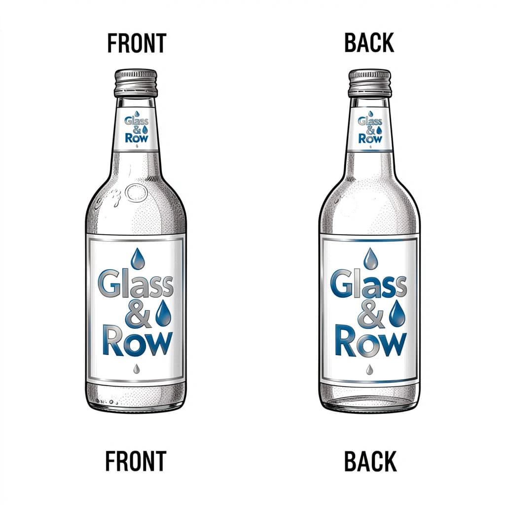 Printed poster of the same hot-sauce bottle drawn in two views, captioned "front" and "back", every view carrying the wordmark "Glass & Row" with a single droplet symbol beside it in the same blue-and-silver coloring, only the angle changing.