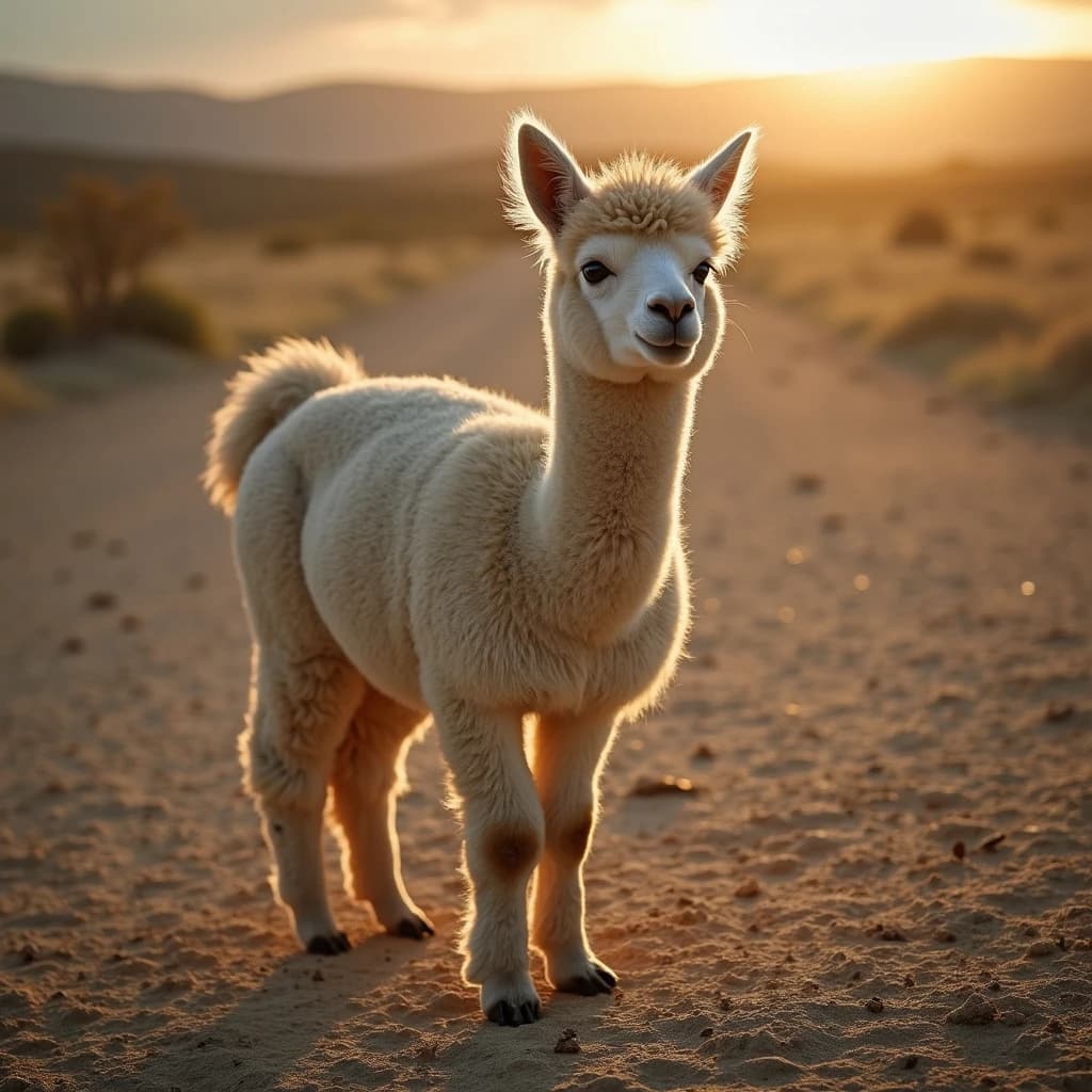 quiet alpaca on cracked earth, backlit
