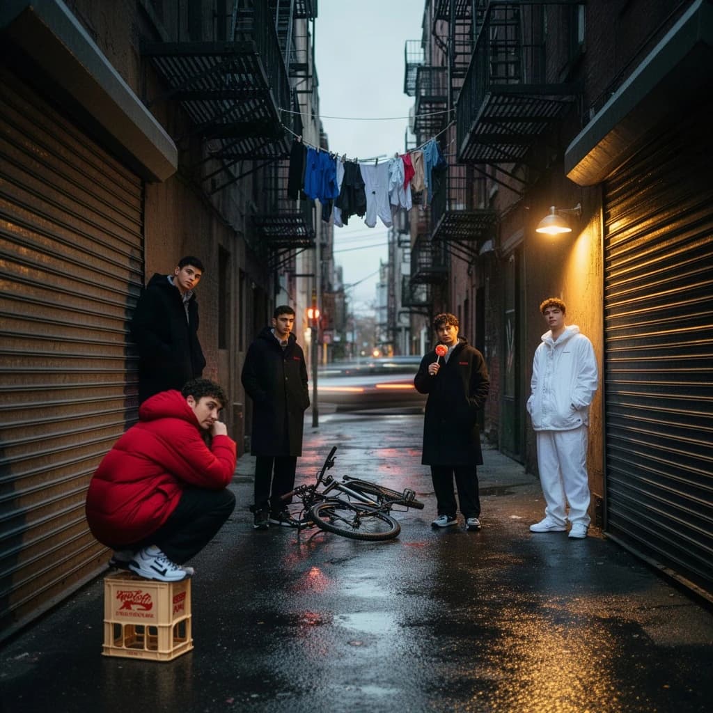 Cinematic photograph for a streetwear campaign, shot straight down a narrow rain-slick alleyway at dusk. Four models spread through the depth of the frame: the nearest crouches on a milk crate in a red puffer, two stand mid-alley in matching black coats, one leaning on a roll-up shutter and one holding a lollipop, and the farthest stands under the single working lamp in white. Three of the six fire escapes above carry laundry lines; the rest are bare. A delivery bike lies on its side between the two middle models. Blurred street traffic only at the far end.