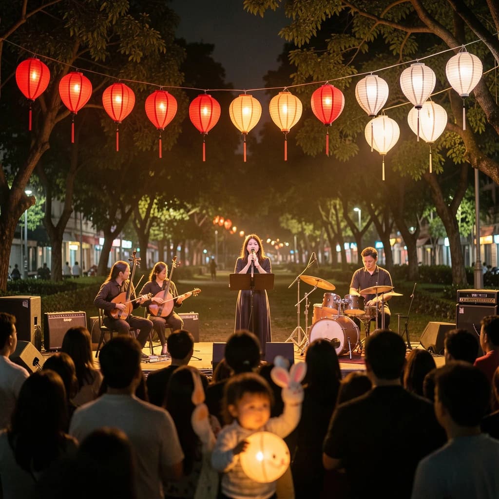 Concert photography, a Mid-Autumn Festival night in a Hong Kong park, shot from inside the crowd toward a low stage lit by warm floods. A singer at the centre microphone holds a note with both hands off the stand; on her left two erhu players sit side by side, on her right a single drummer stands. Eleven paper lanterns hang above the stage, the seven red ones strung in a line and the four white ones clustered at the right end. In the near foreground, out of focus, a child on a father's shoulders holds a rabbit lantern.