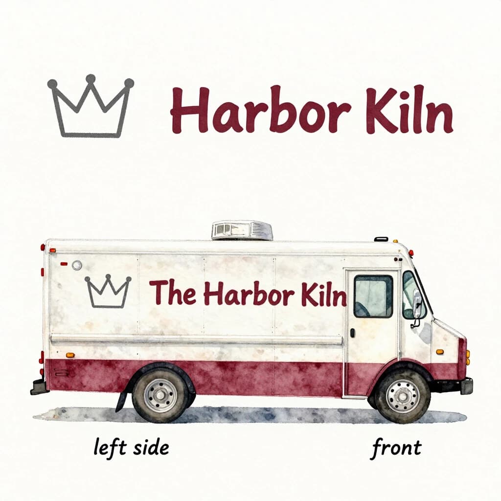 Watercolor of the same food truck drawn in two sides, captioned "left side" and "front", every side carrying the wordmark "The Harbor Kiln" with a simple crown outline beside it in the same maroon-and-gray coloring, only the side changing.