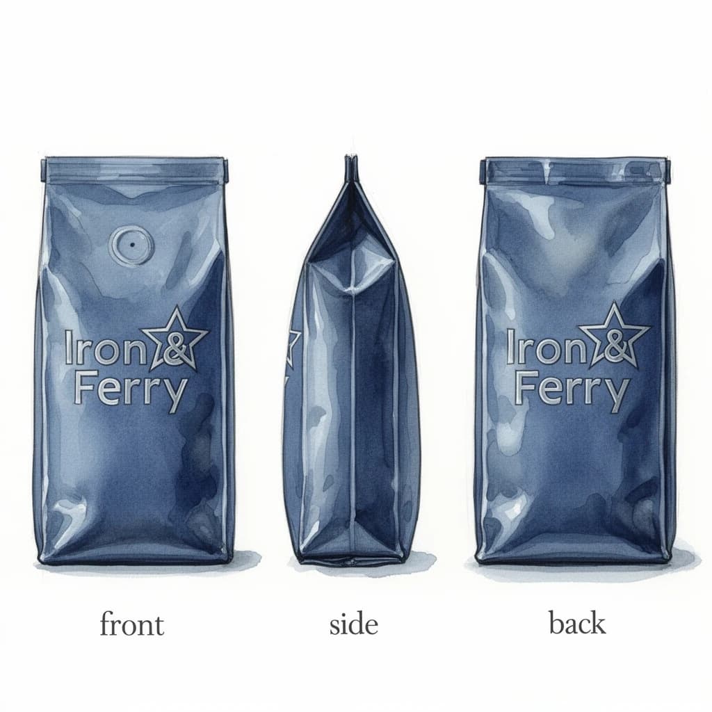 Watercolor of the same coffee bag drawn in three views, captioned "front", "side" and "back", every view carrying the wordmark "Iron & Ferry" with a five-point star outline beside it in the same blue-and-silver coloring, only the angle changing.