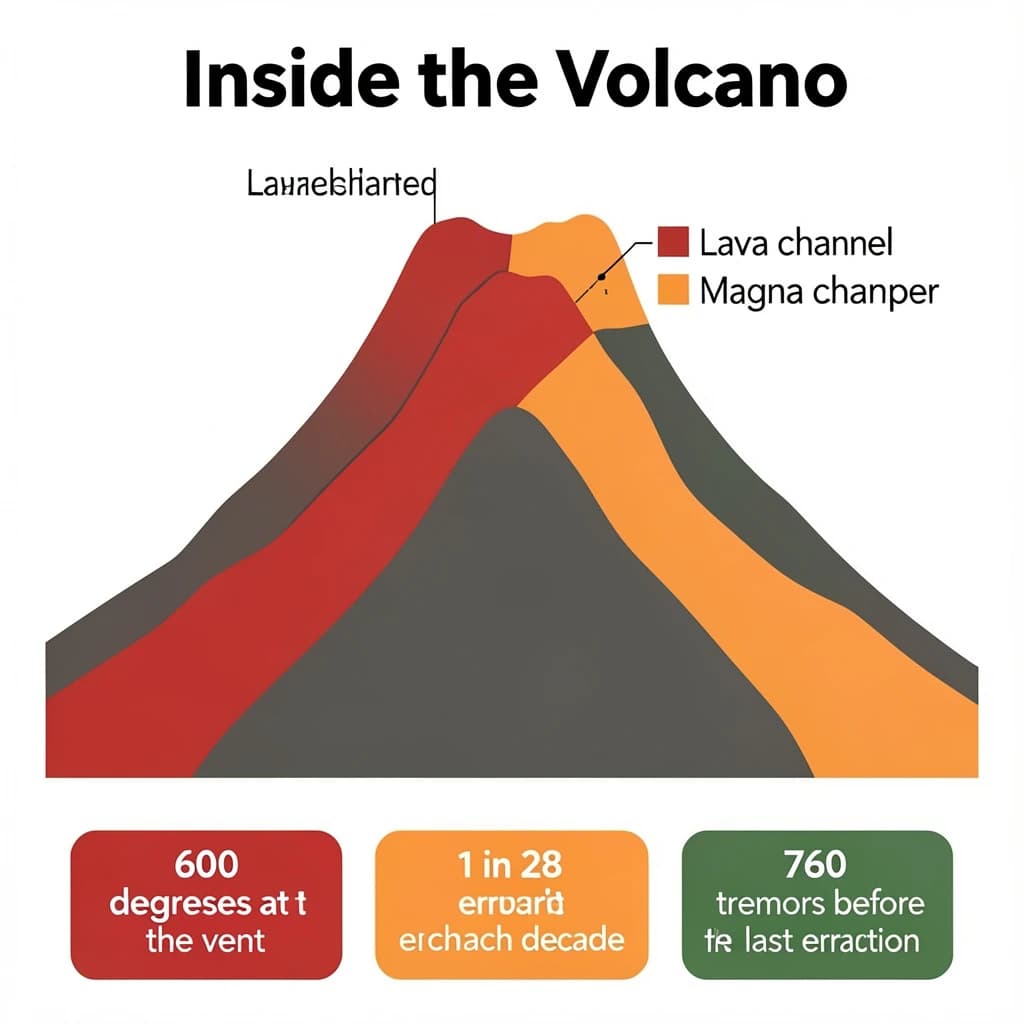 Flat infographic titled "Inside the Volcano". A simplified hazard map of the slopes sits at the center, carrying two keyed regions, "Lava channel" shaded red and "Magma chamber" shaded orange. Three stat chips run down a bottom row, reading "600 degrees at the vent", "1 in 28 erupt each decade" and "760 tremors before the last eruption". Each key color matches the shading of the region it names.