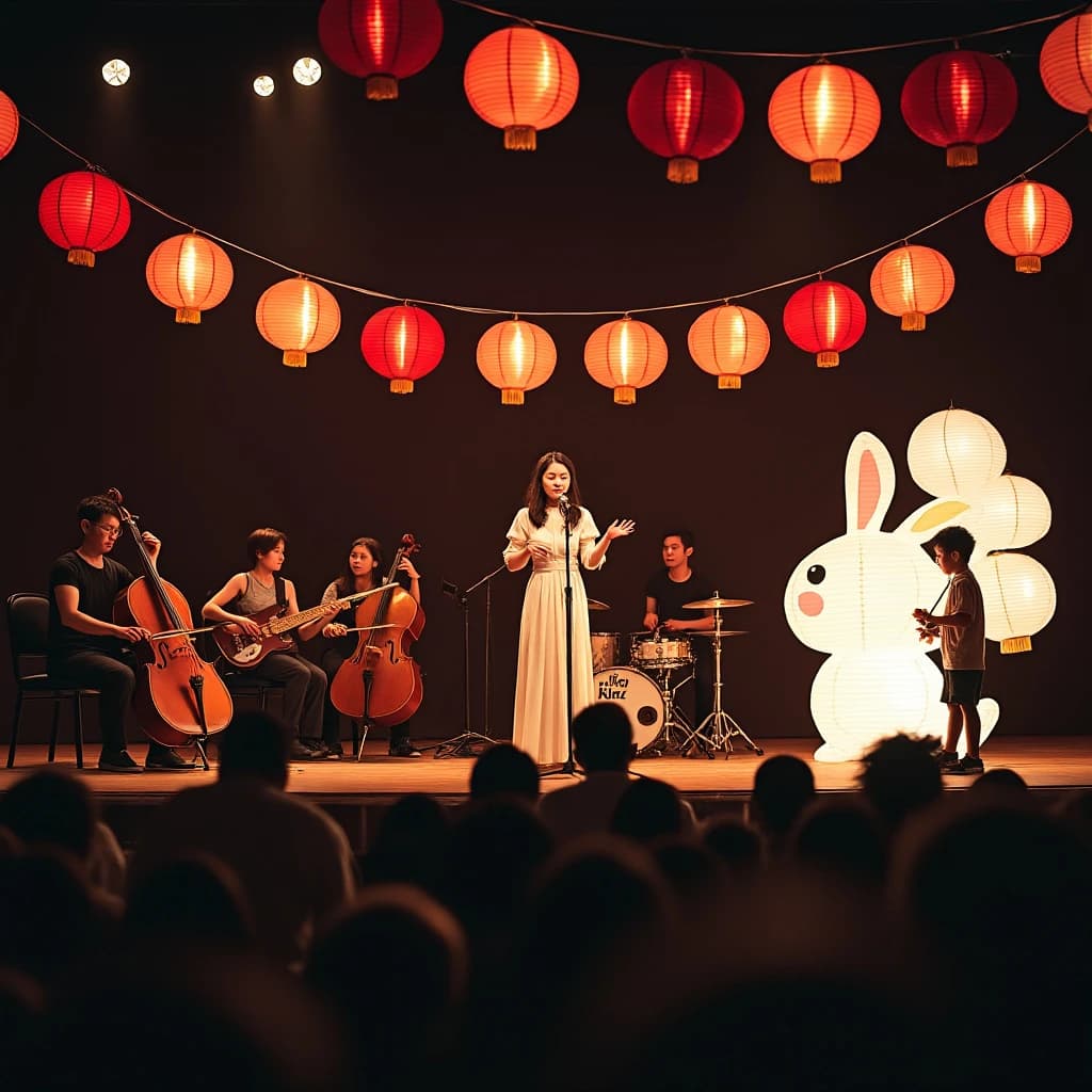 Concert photography, a Mid-Autumn Festival night in a Hong Kong park, shot from inside the crowd toward a low stage lit by warm floods. A singer at the centre microphone holds a note with both hands off the stand; on her left two erhu players sit side by side, on her right a single drummer stands. Eleven paper lanterns hang above the stage, the seven red ones strung in a line and the four white ones clustered at the right end. In the near foreground, out of focus, a child on a father's shoulders holds a rabbit lantern.