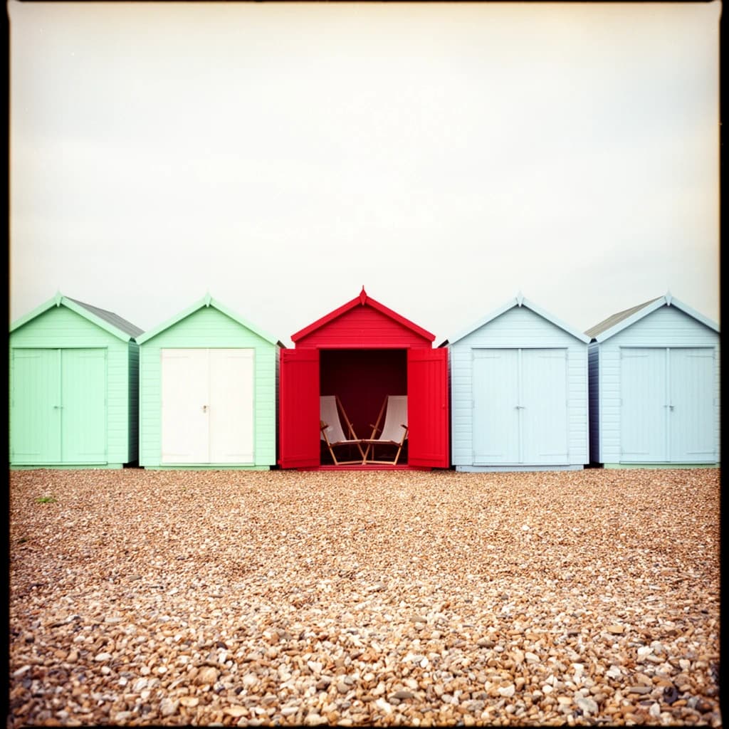 35mm film photo of seven beach huts in a row on a shingle bank. The three left huts are mint green with white doors, the middle one is red with its doors open showing two deckchairs inside, the three right huts are pale blue and shuttered.