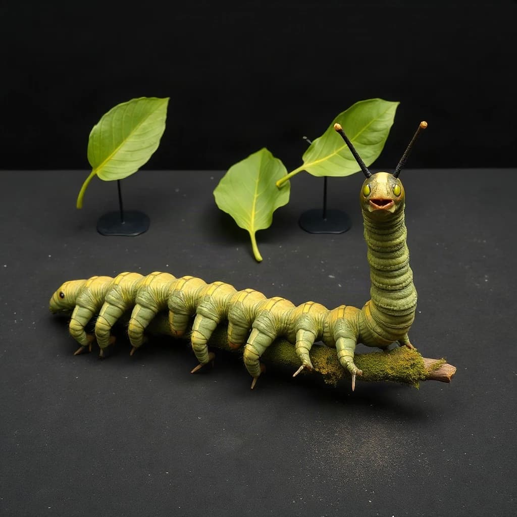 Macro photography of a practical effects test on a soundstage floor. A metre-long animatronic caterpillar puppet, dull green with a cream stripe, arched over a moss-covered branch: eight pairs of stubby legs, the front three pairs gripping the branch, the rest hanging free. Two thin black rods run out of frame to the right where a puppeteer's hands are just visible, and a third rod supports the head, which is turned toward camera with its mandibles open. Behind it, three sprayed foam leaves on stands, the middle one already chewed through. Hard key from above, black felt background, dust in the air.