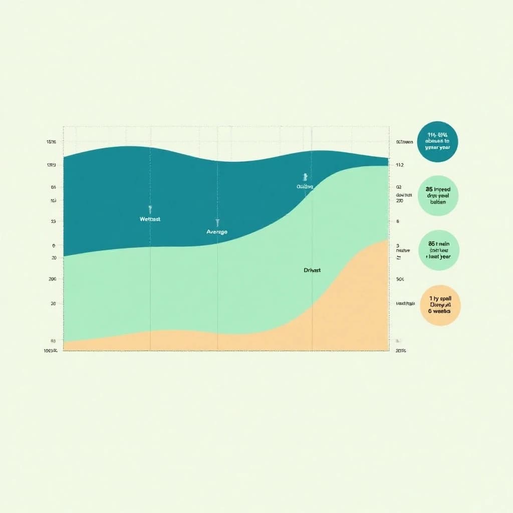 Flat vector illustration titled "Wet Season by the Numbers". A twelve-month rainfall timeline sits at the center, carrying three keyed regions, "Wettest" shaded dark blue, "Average" shaded pale green and "Driest" shaded sand. Three stat chips run down a right column, reading "16% above the ten-year mean", "85 rain days last year" and "1 dry spell every 6 weeks". Each key color matches the shading of the region it names.