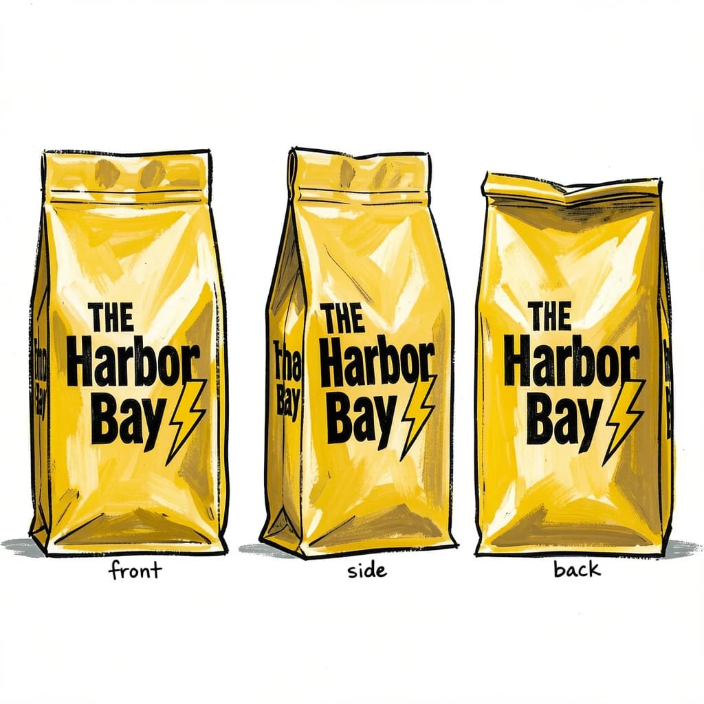 Gouache painting of the same coffee bag drawn in three views, captioned "front", "side" and "back", every view carrying the wordmark "The Harbor Bay" with a lightning-bolt symbol beside it in the same black-and-yellow coloring, only the angle changing.