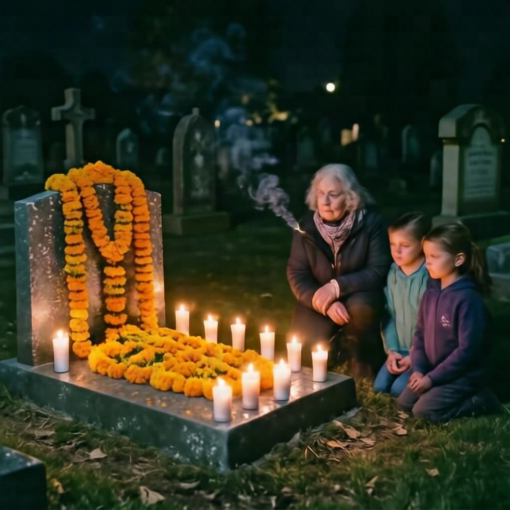 Photojournalism frame from a cemetery vigil at night: one grave slab carrying seven marigold garlands and nine lit candles, three of the candles guttered out and smoking, a grandmother and two children kneeling along the near edge.
