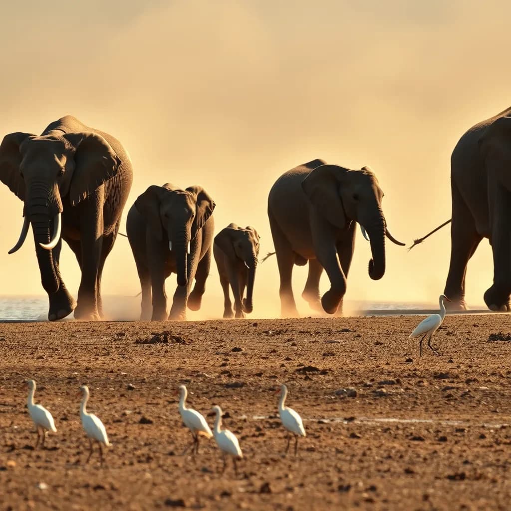 Wildlife photograph for a conservation campaign: a herd crossing a dusty riverbed in low sun. Seven elephants walking left to right, three adults flanking on the outside and two calves tucked between them, one adult trailing at the rear with a broken tusk, and the lead matriarch already up the far bank. Four egrets on the ground, only two of them near the calves. Long shadows, dust haze, nothing written in frame.