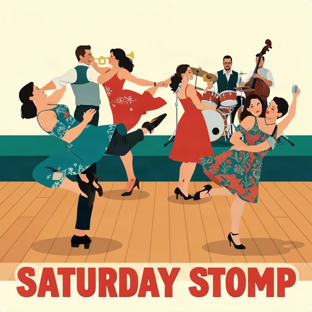 Flat design poster for a swing dance night. Four couples on a wooden floor, each caught in a different move: the front couple in a lift with the follower's feet off the ground, behind them a couple in a side by side kick, a third couple joined by one hand mid spin, and a fourth couple frozen in a dip near the back wall. All followers wear patterned dresses, all leaders wear braces and rolled sleeves. On a low stage behind them, a five piece band: two trumpets, a double bass, a drummer and a singer at a chrome microphone. Bold flat shapes, cream, teal and tomato red. "Saturday Stomp" in chunky letters along the bottom.