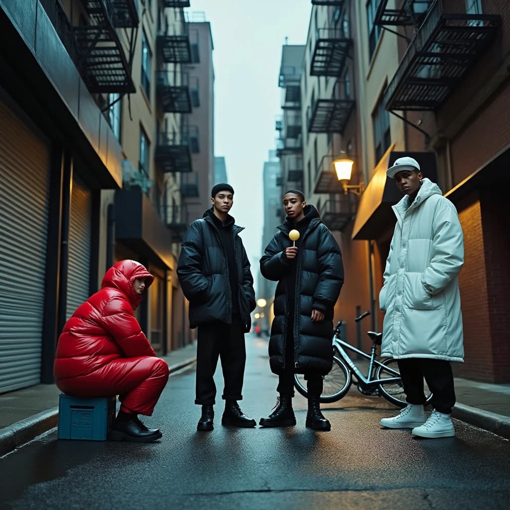 Cinematic photograph for a streetwear campaign, shot straight down a narrow rain-slick alleyway at dusk. Four models spread through the depth of the frame: the nearest crouches on a milk crate in a red puffer, two stand mid-alley in matching black coats, one leaning on a roll-up shutter and one holding a lollipop, and the farthest stands under the single working lamp in white. Three of the six fire escapes above carry laundry lines; the rest are bare. A delivery bike lies on its side between the two middle models. Blurred street traffic only at the far end.