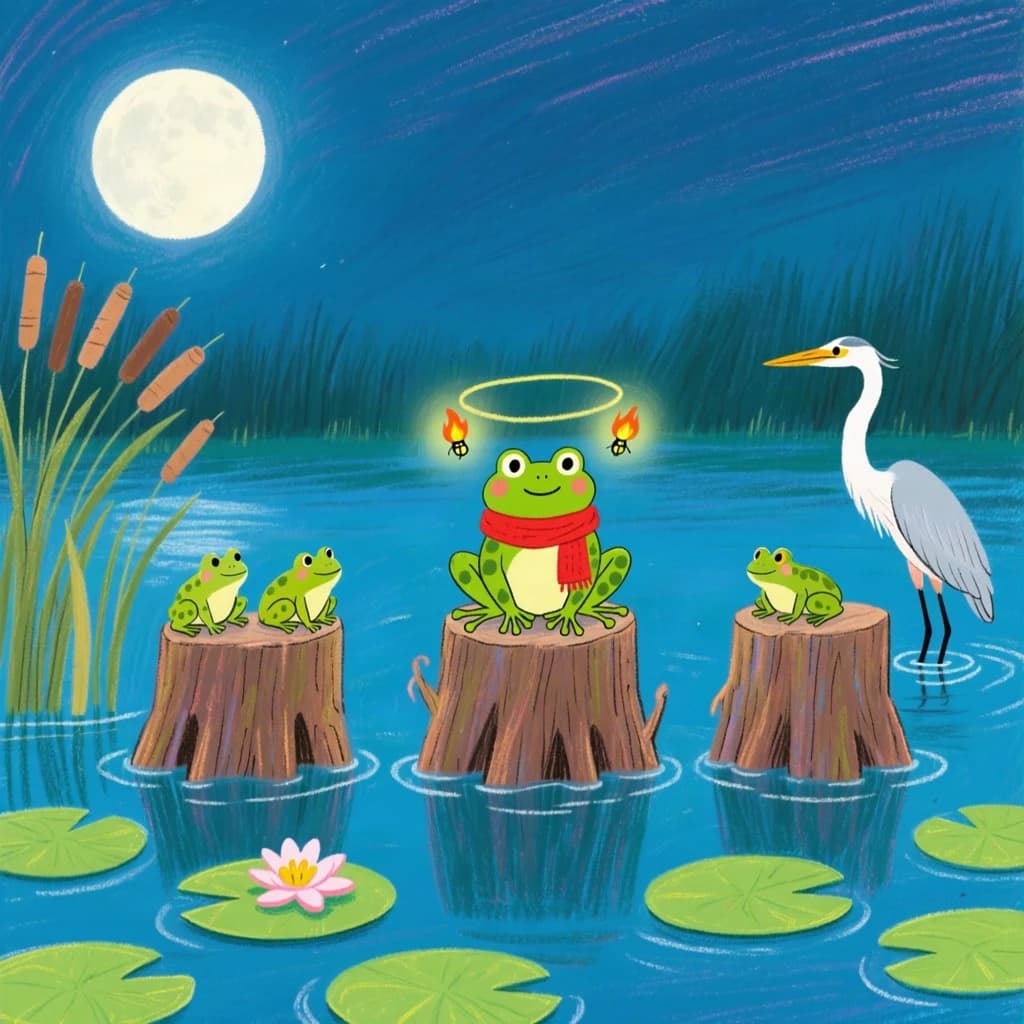 Story card in soft children's book illustration with crayon texture. A moonlit swamp with three cypress stumps in a row across the water. A small green frog in a red scarf sits on the middle stump. Two fireflies circle above his head while four more sit sleeping on the reeds to the left. A heron stands knee deep at the right edge, looking away from the frog. Nine lily pads float across the foreground, only one of them carrying a flower.