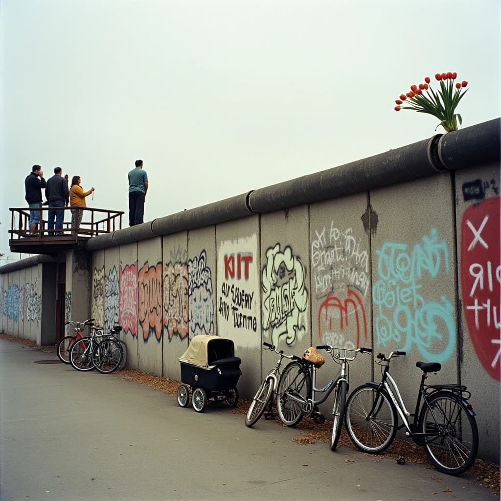 Shot on 1970s Kodachrome era color film, warm grain and slightly faded reds. A stretch of the Berlin Wall on a grey afternoon, covered in overlapping graffiti with one clean unpainted panel in the middle. Three people stand on a wooden viewing platform at the left, two of them looking over the top through binoculars while the third has turned back toward the camera with a cigarette. Four bicycles lean along the base of the wall, three upright and one fallen on its side. A pram is parked below the clean panel with a small bunch of tulips wedged into a crack above it. No cars in the frame.