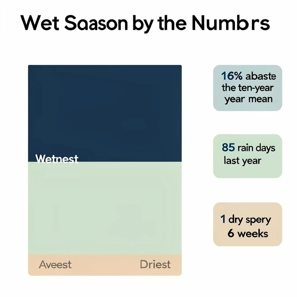 Flat vector illustration titled "Wet Season by the Numbers". A twelve-month rainfall timeline sits at the center, carrying three keyed regions, "Wettest" shaded dark blue, "Average" shaded pale green and "Driest" shaded sand. Three stat chips run down a right column, reading "16% above the ten-year mean", "85 rain days last year" and "1 dry spell every 6 weeks". Each key color matches the shading of the region it names.