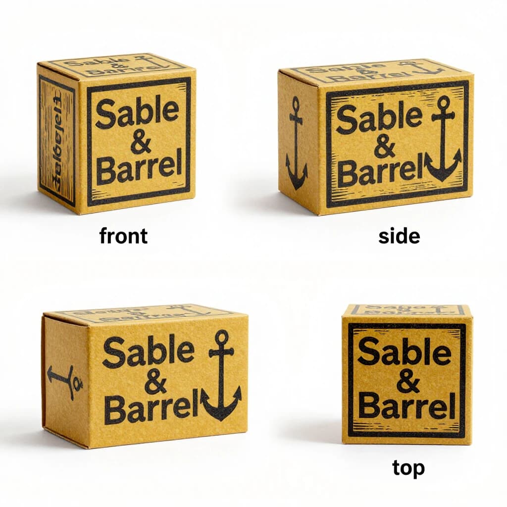 Linocut print: one board-game box in three views. The views are captioned "front", "side" and "top" in that order. The wordmark "Sable & Barrel" appears on every view with a small anchor mark beside it. The mustard-and-charcoal coloring is the same across every view, and only the angle changes.