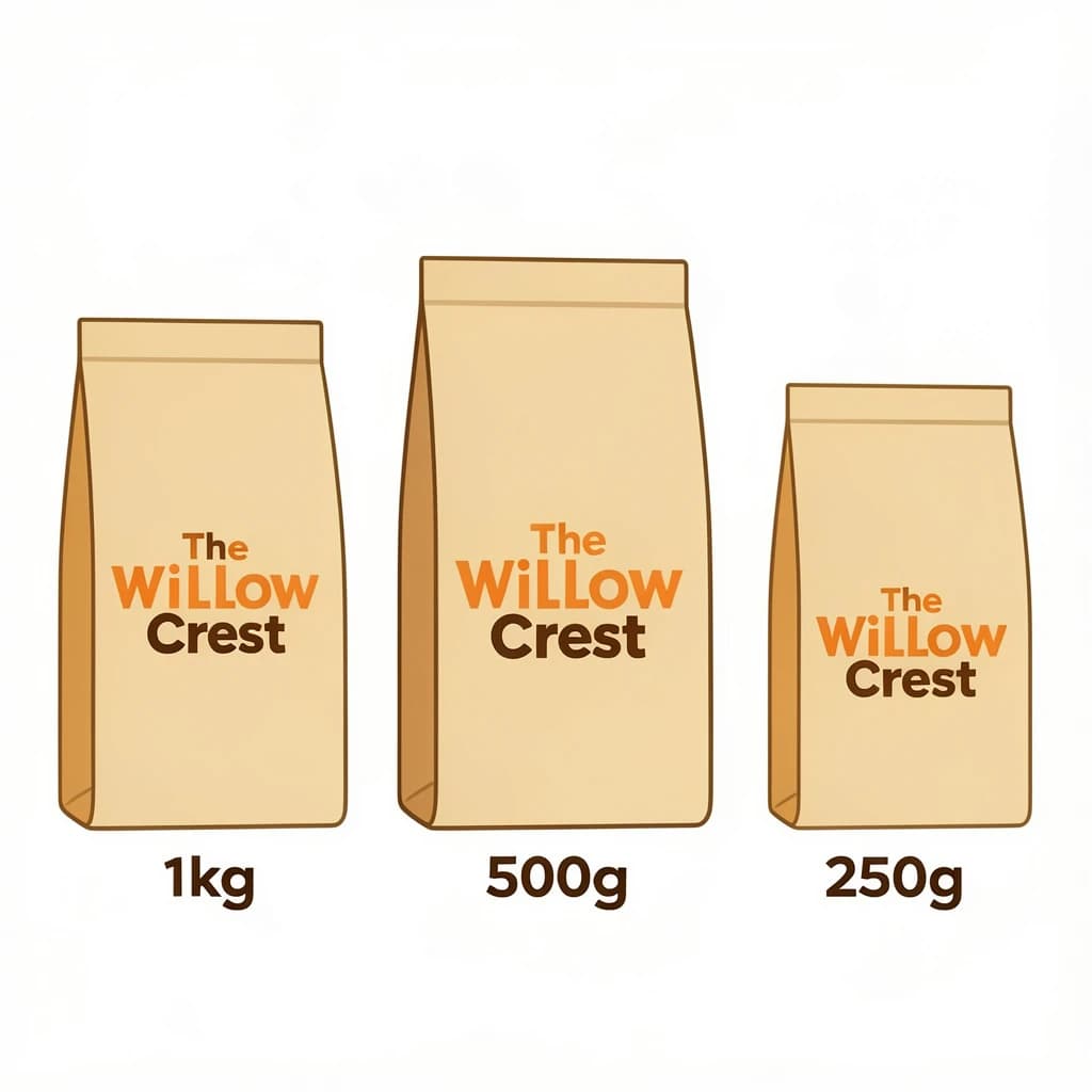 Flat vector illustration of the same coffee bag drawn in three sizes, captioned "1kg", "500g" and "250g", every size carrying the wordmark "The Willow Crest" in the same orange-and-brown coloring, only the bag size changing.