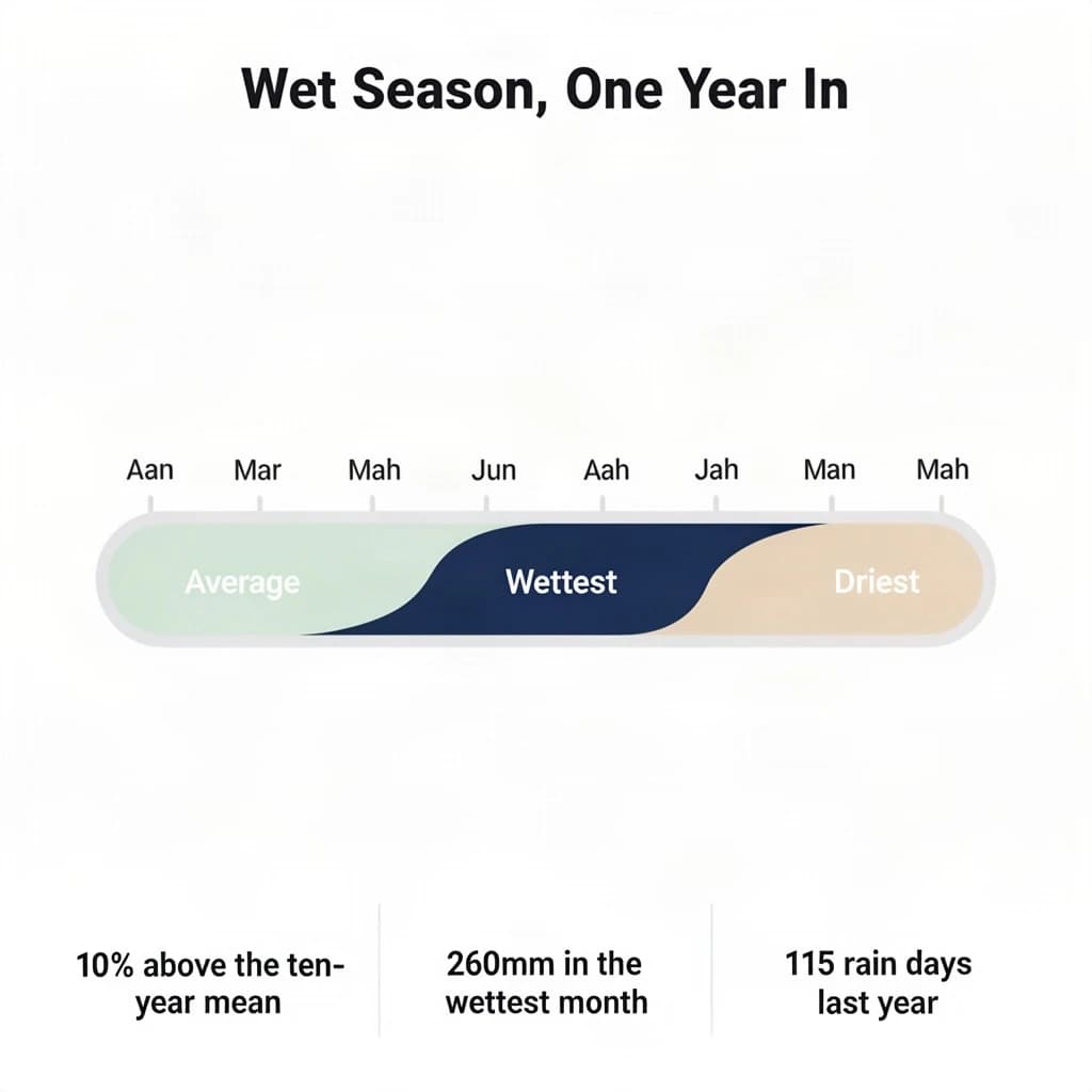 Flat vector illustration titled "Wet Season, One Year In". A twelve-month rainfall timeline sits at the center, carrying three keyed regions, "Average" shaded pale green, "Wettest" shaded dark blue and "Driest" shaded sand. Three stat chips run down a bottom row, reading "10% above the ten-year mean", "260mm in the wettest month" and "115 rain days last year". Each key color matches the shading of the region it names.