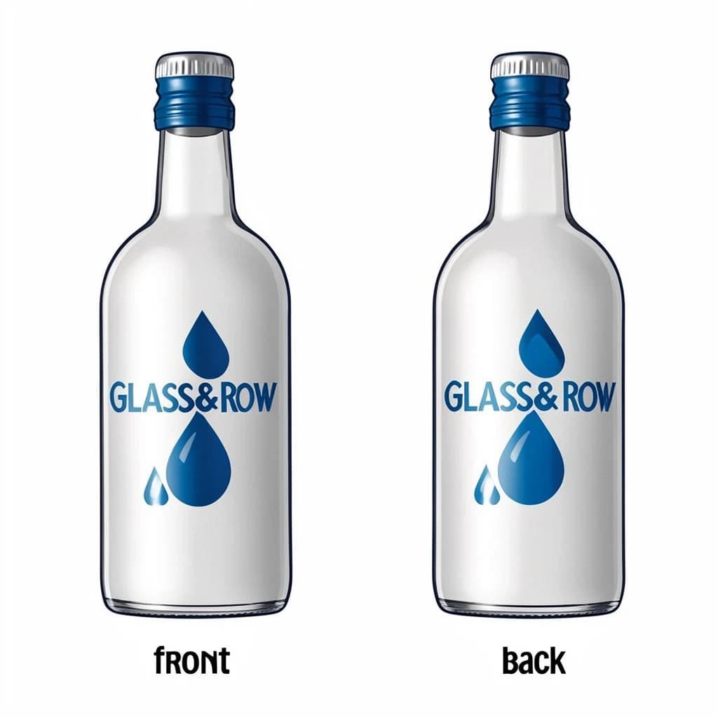 Printed poster of the same hot-sauce bottle drawn in two views, captioned "front" and "back", every view carrying the wordmark "Glass & Row" with a single droplet symbol beside it in the same blue-and-silver coloring, only the angle changing.