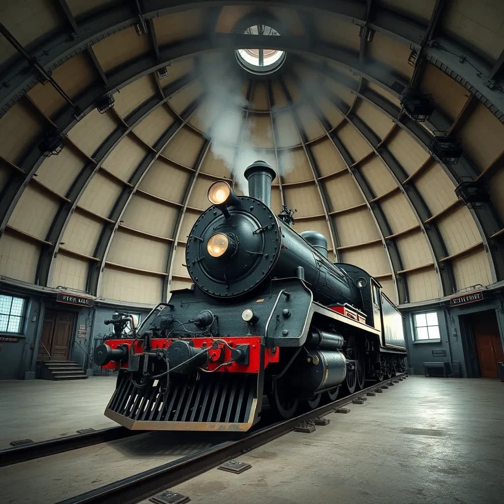85mm f/2.8 full-length framing of a steam locomotive inside an observatory dome, side-lit, soft falloff at the edges, medium-format look