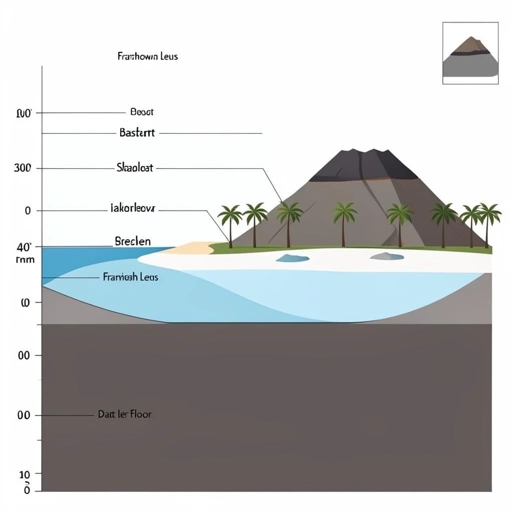 Cross section of a volcanic tropical island as a flat academic figure with clean colour blocks and a horizontal sea level line. Reading from the ocean on the left toward the right: a fringing reef crest, a shallow lagoon holding three coral heads, a white sand beach, a coconut palm belt of five trees, then a rising basalt cone with two lava layers picked out in darker grey, and a freshwater lens drawn as a pale blue dome under the middle of the island. Below sea level the flanks drop in three stepped terraces to a flat deep floor. Eight leader line labels, a depth scale down the left edge, and a small locator inset in the top right.