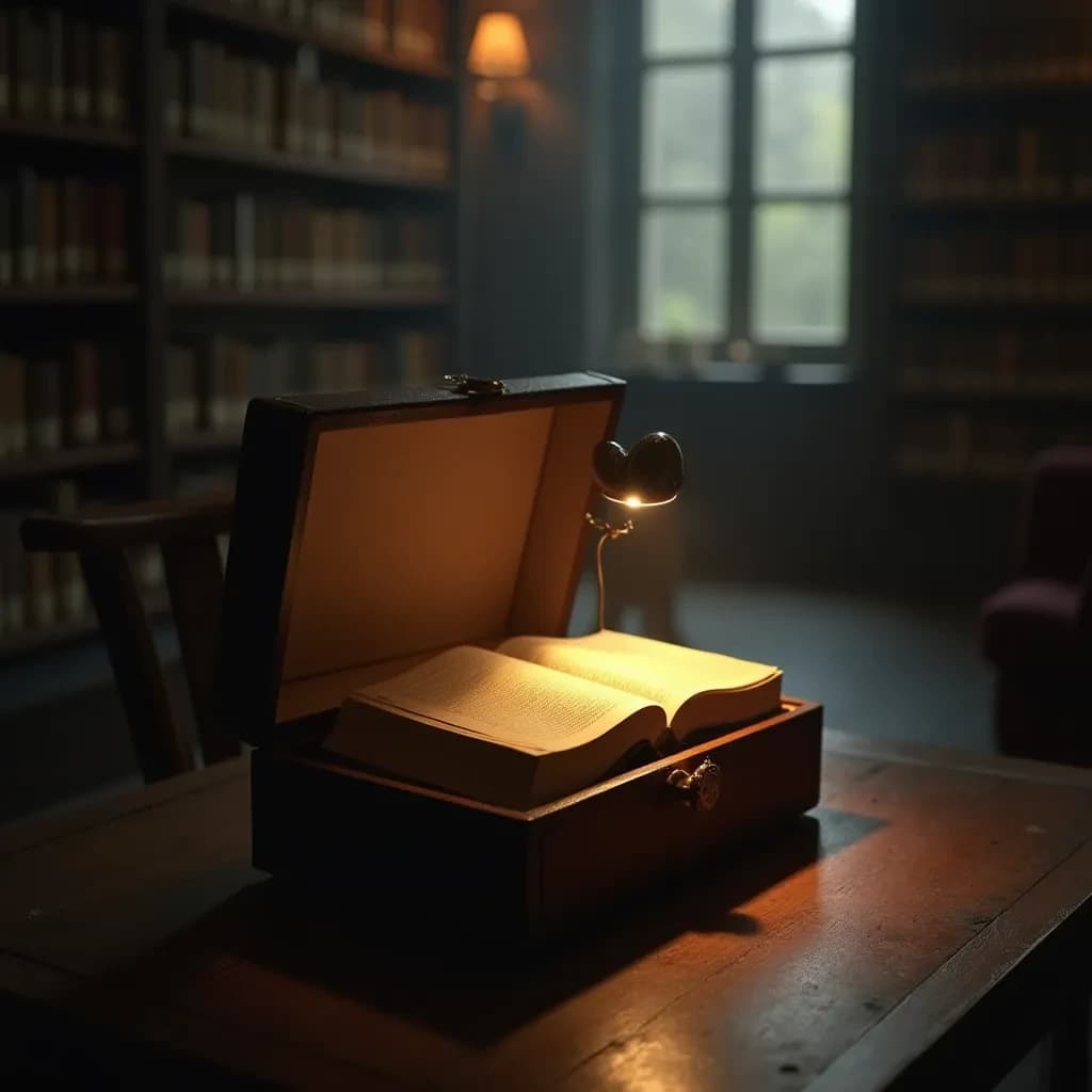 The quiet second when a music box takes on a thin rim of warm light, in a quiet library, in light rain.