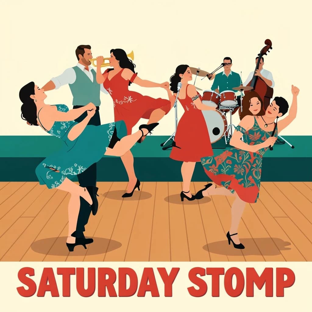 Flat design poster for a swing dance night. Four couples on a wooden floor, each caught in a different move: the front couple in a lift with the follower's feet off the ground, behind them a couple in a side by side kick, a third couple joined by one hand mid spin, and a fourth couple frozen in a dip near the back wall. All followers wear patterned dresses, all leaders wear braces and rolled sleeves. On a low stage behind them, a five piece band: two trumpets, a double bass, a drummer and a singer at a chrome microphone. Bold flat shapes, cream, teal and tomato red. "Saturday Stomp" in chunky letters along the bottom.