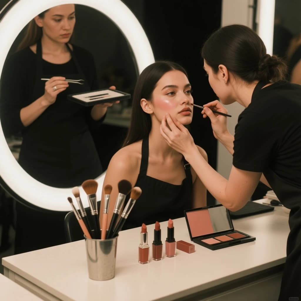 Fashion photograph at a backstage vanity lit by a ring light. A makeup artist in a black apron leans in from the right and blends cream blush into a seated model's cheekbone with her fingers, while a second artist standing behind them holds a lash tray in one hand and tweezers in the other, mid pick. On the counter between them: six brushes standing bristle up in a metal cup, three lipstick bullets lying in a row with their caps off beside them, and one open palette showing two used shades and four untouched. Warm skin tones, glossy highlights, shallow depth of field.