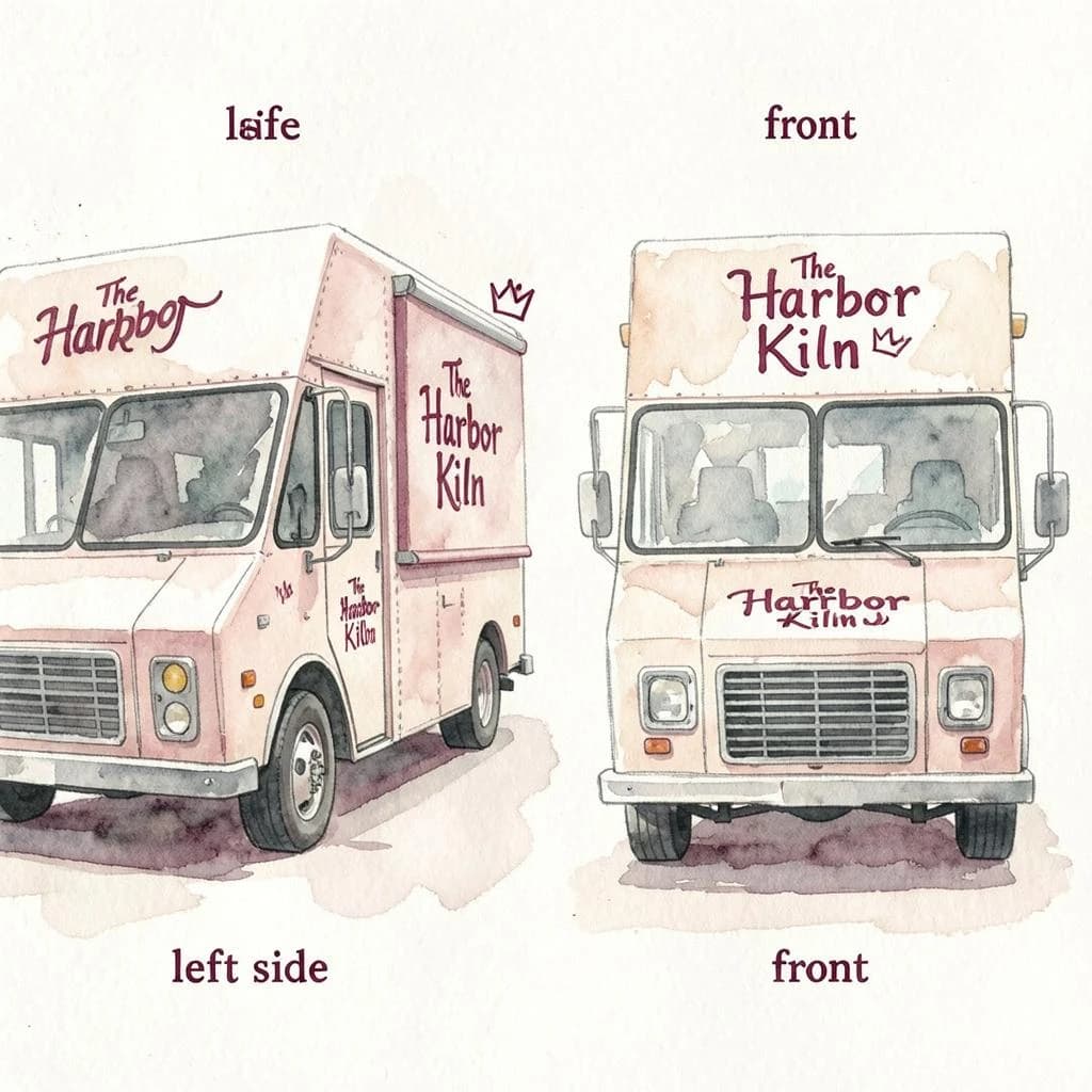 Watercolor of the same food truck drawn in two sides, captioned "left side" and "front", every side carrying the wordmark "The Harbor Kiln" with a simple crown outline beside it in the same maroon-and-gray coloring, only the side changing.
