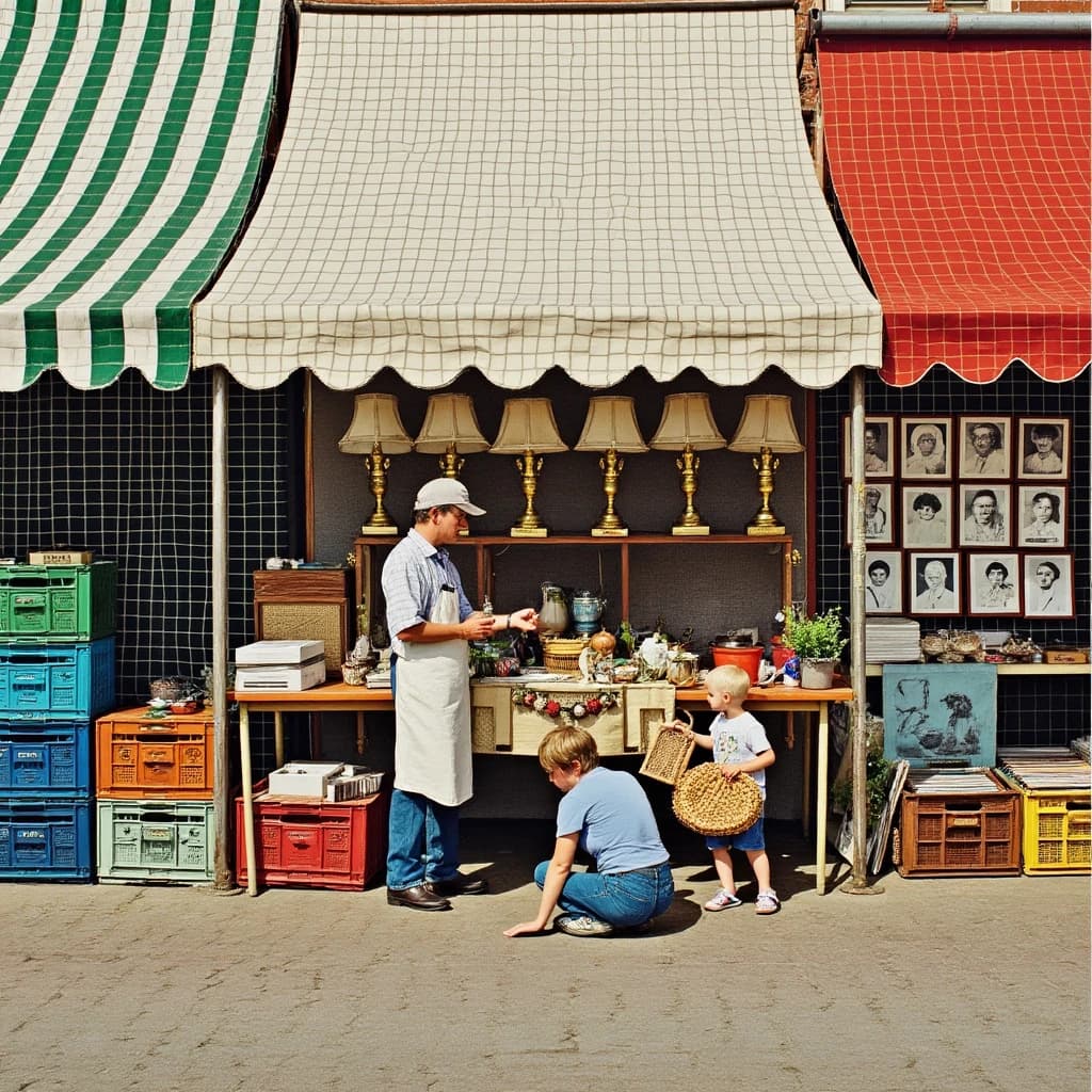 Glass tile mosaic of a Sunday flea market seen from a slightly raised angle, small square tesserae and warm terracotta grout. Three stall awnings in a row: the left one striped green and white over stacked vinyl crates, the middle plain canvas over six brass lamps with only the two tallest wearing shades, the right red awning hung with nine framed pictures in three rows of three. Under the middle awning a vendor in an apron hands a teapot across the table to a woman holding a straw basket, while a boy crouches at her feet by a crate of records. No lettering anywhere.