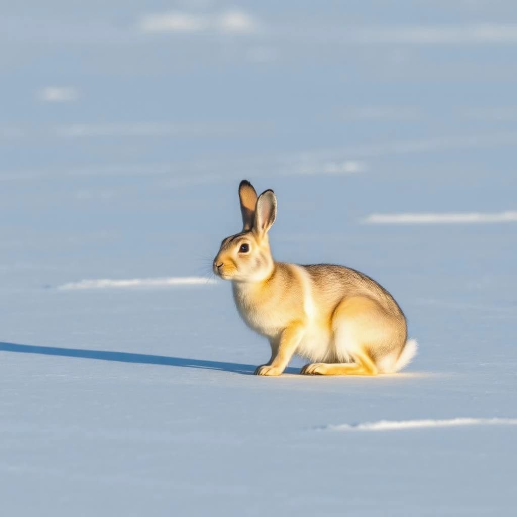 single arctic hare on smooth ice, noon