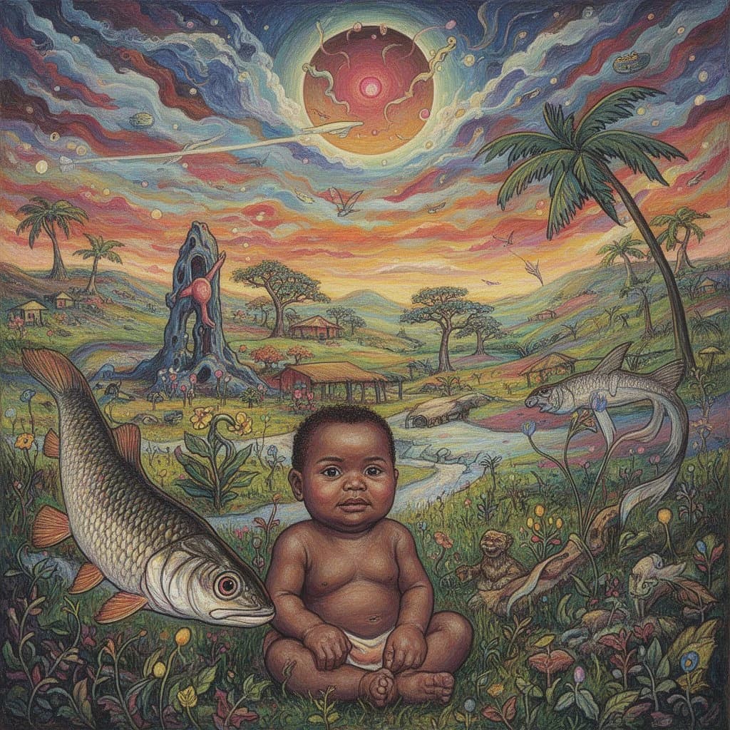 Baby and Garpike in Nairobi, Kenya in the style of surrealist