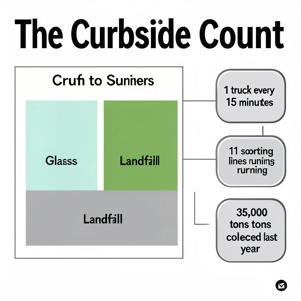 Printed poster titled "The Curbside Count": at the center a flow chart from curb to sorting floor, carrying two keyed regions, "Glass" shaded green and "Landfill" shaded gray, beside a right column of three stat chips reading "1 truck every 15 minutes", "11 sorting lines running" and "35,000 tons collected last year".