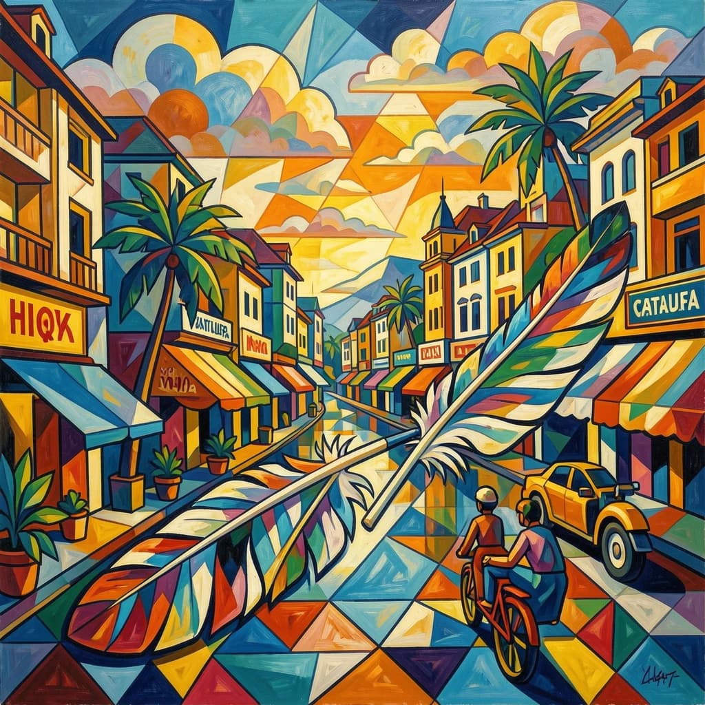 Flight Feather and Catalufa in Hanoi, Vietnam in the style of cubist