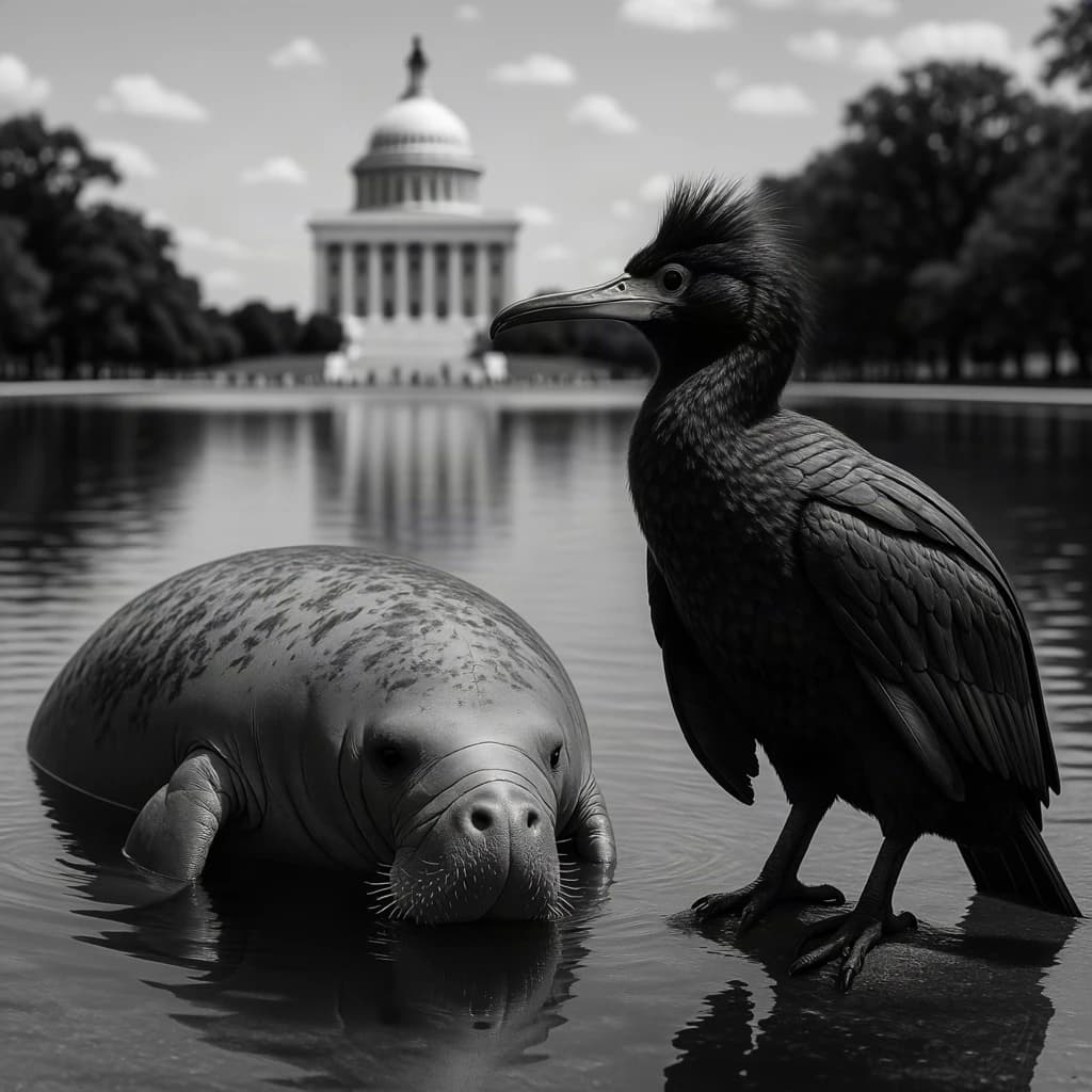 Manatee and Thunderbird in Washington, D.C., United States in the style of black and white