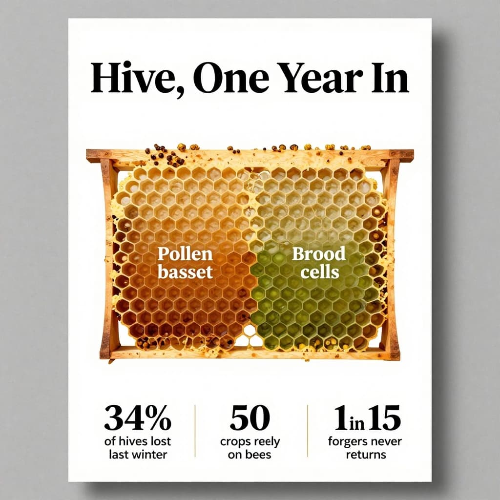 Printed poster titled "Hive, One Year In": at the center a cutaway of a hive frame, carrying two keyed regions, "Pollen basket" shaded amber and "Brood cells" shaded olive, beside a bottom row of three stat chips reading "34% of hives lost last winter", "50 crops rely on bees" and "1 in 15 foragers never returns".