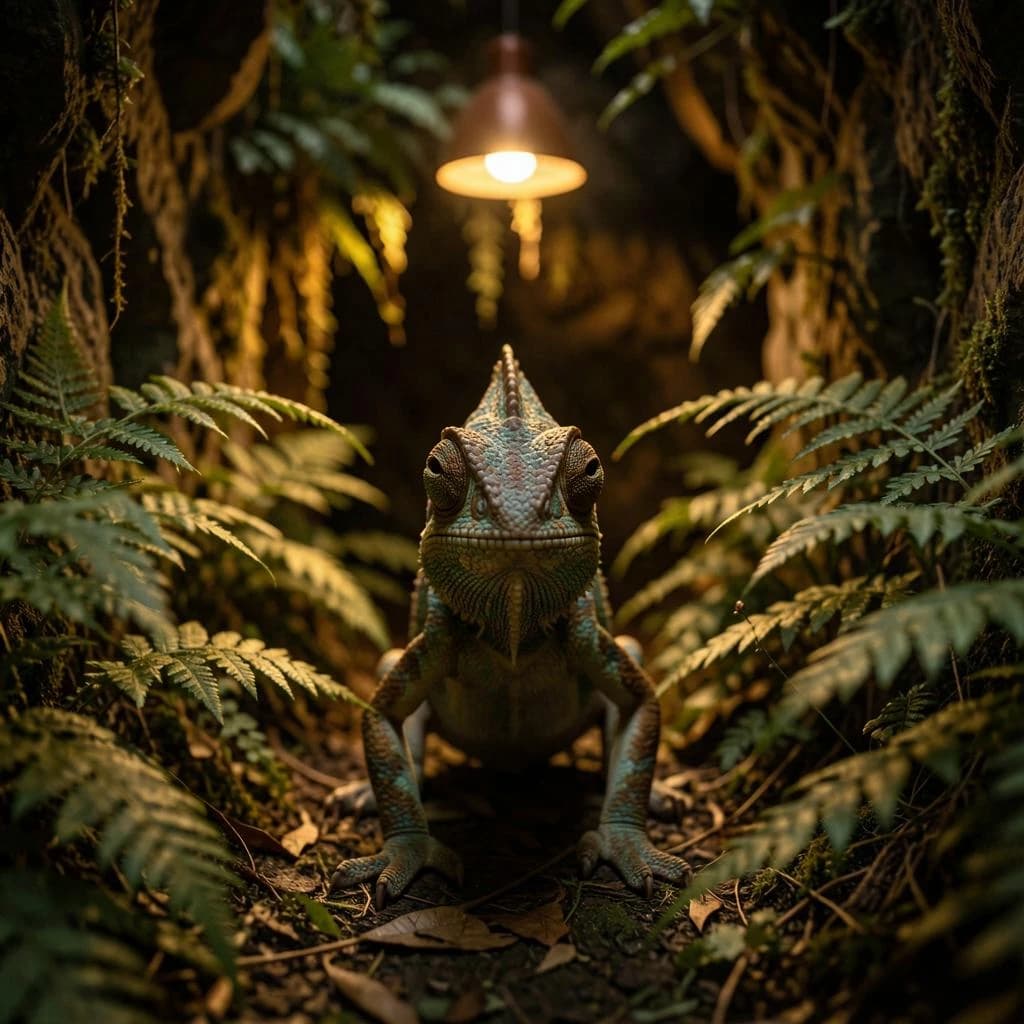 A chameleon half in shadow in a fern-filled ravine, under warm lamplight, symmetrical head-on framing, soft-focus portrait photography style.