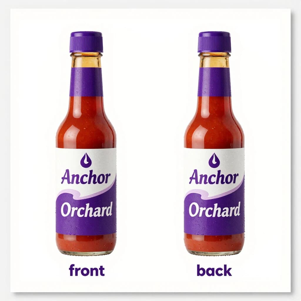 Printed poster: one hot-sauce bottle in two views. The views are captioned "front" and "back" in that order. The wordmark "Anchor Orchard" appears on every view. The purple-and-white coloring is the same across every view, and only the angle changes.