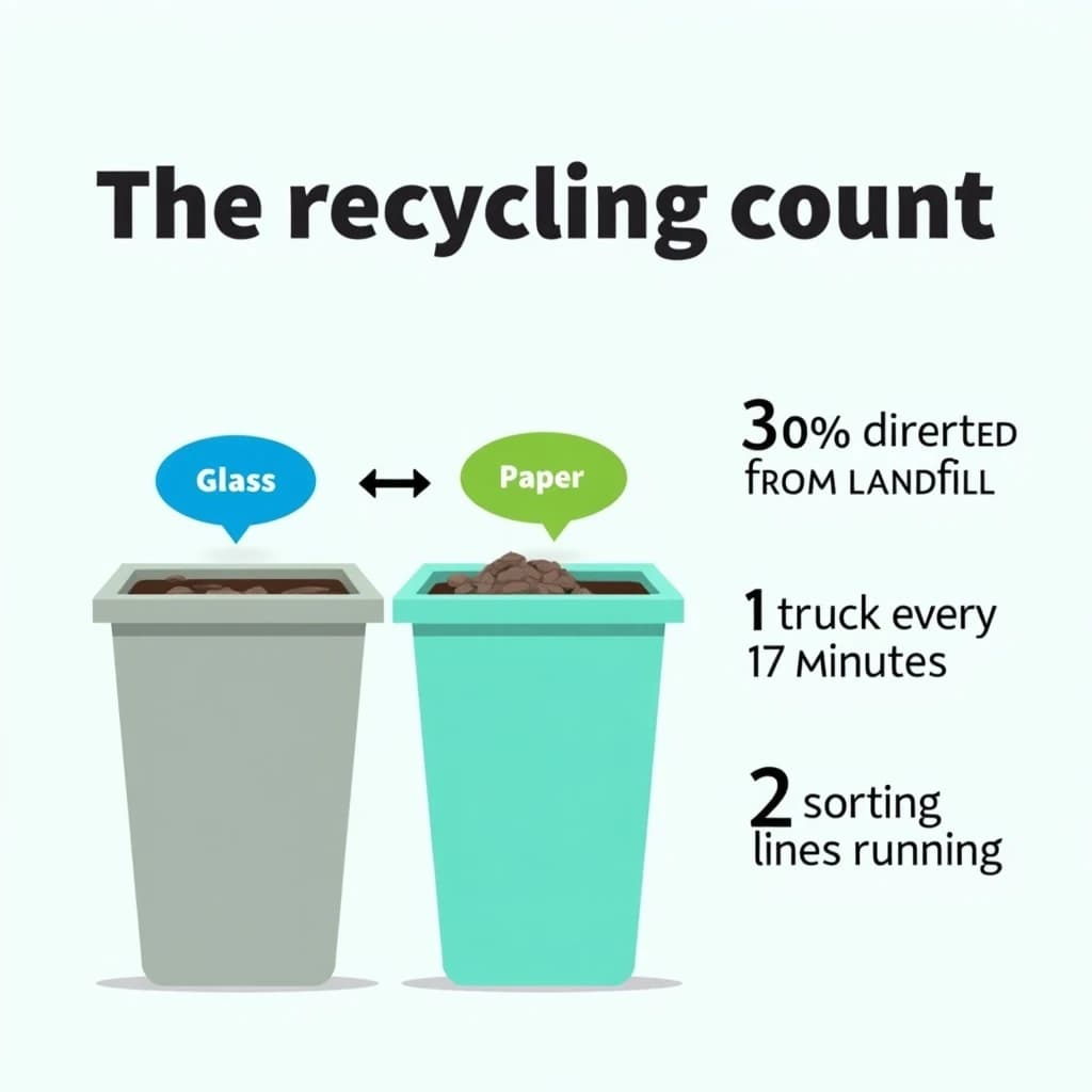 Printed poster titled "The Recycling Count". Three sorting bins with arrows to their destinations sits at the center, carrying two keyed regions, "Glass" shaded green and "Paper" shaded blue. Three stat chips run down a right column, reading "30% diverted from landfill", "1 truck every 17 minutes" and "2 sorting lines running". Each key color matches the shading of the region it names.