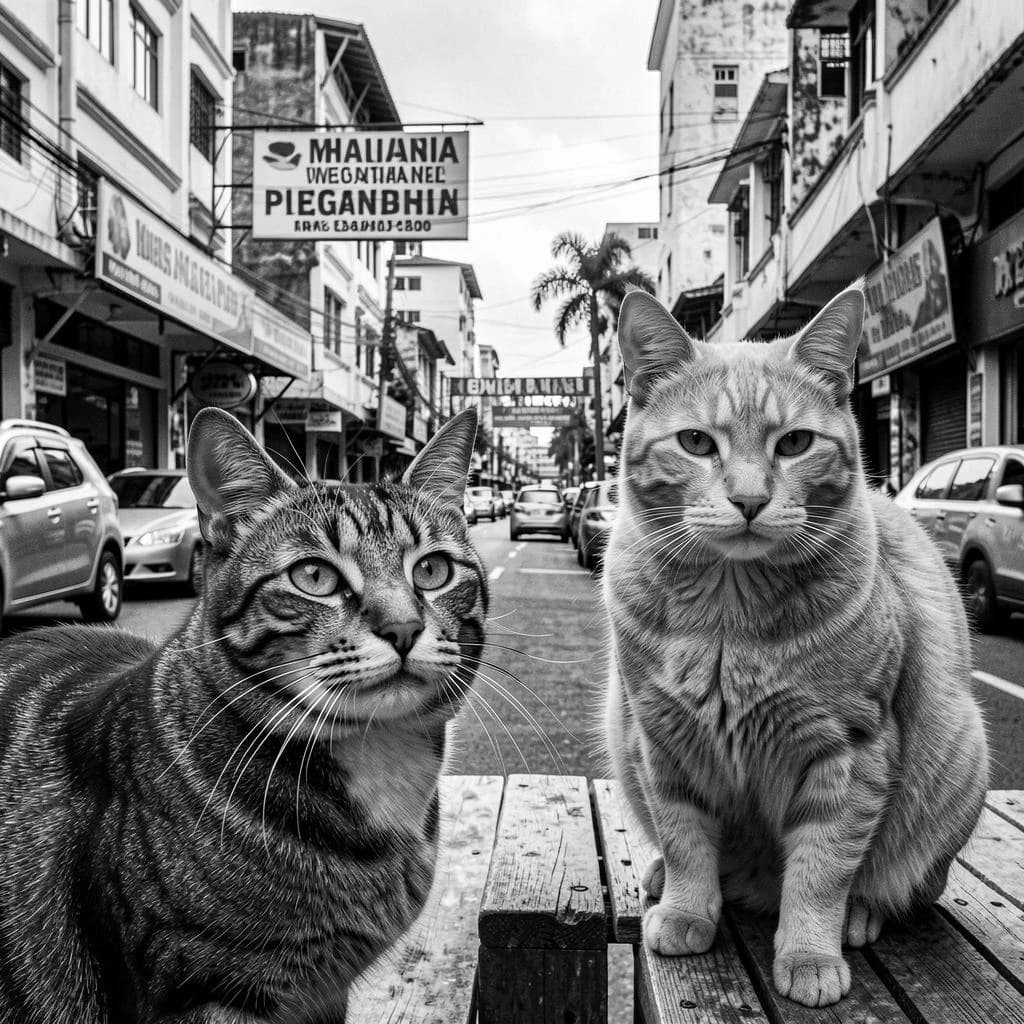 Channel Cat and Megathere in Manila, Philippines in the style of black and white