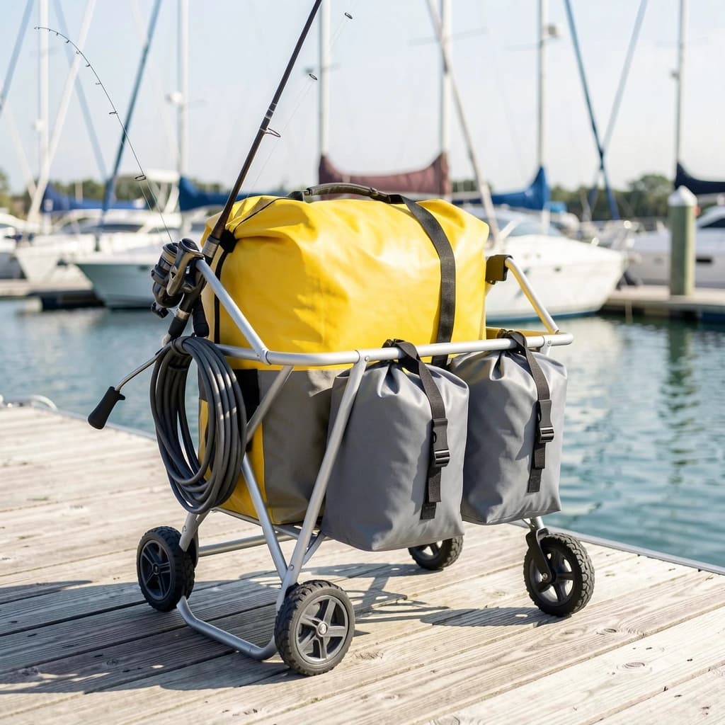 Lifestyle listing photo on a marina dock: a folding dock cart holding three dry bags, the largest yellow and the two smaller ones grey, two fishing rods leaning against the handle, and one coiled dock line hanging from the front rail. Masts blurred behind.